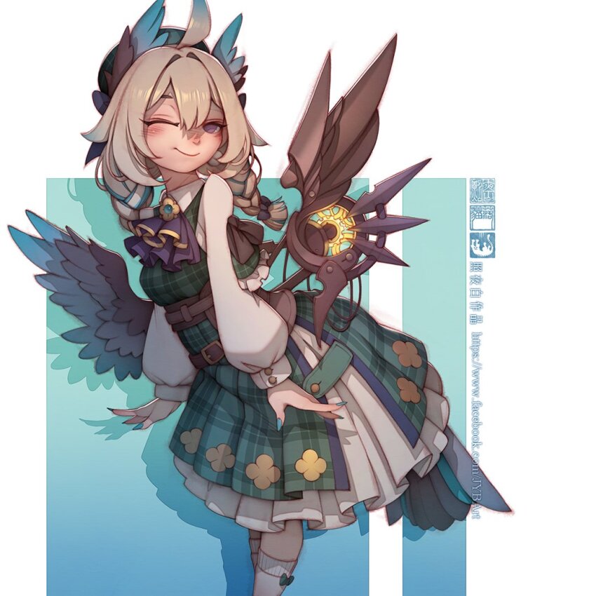 1girl aqua_nails artist_name beret bird_tail blonde_hair blush braid breasts closed_mouth dress enna_alouette enna_alouette_(3rd_costume) fingernails green_dress hair_between_eyes hair_intakes hat head_wings long_fingernails looking_at_viewer mechanical_wings medium_hair multicolored_hair nijisanji nijisanji_en one_eye_closed plaid_clothes plaid_dress purple_eyes small_breasts smile socks solo tail twin_braids two-tone_hair virtual_youtuber wings zhaoyebai