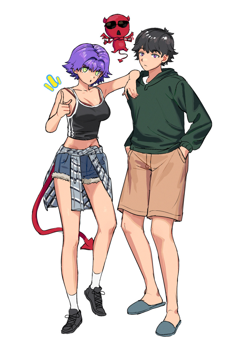 1boy 1girl :o absurdres ahoge ankle_socks antenna_hair arm_on_another&#039;s_shoulder arm_up bare_shoulders black_hair black_shoes black_tank_top blue_shorts blue_slippers bra bra_peek bra_strap breasts brown_shorts cleavage closed_mouth clothes_around_waist collarbone commentary crop_top crossed_arms demon demon_girl demon_horns demon_tail demon_wings denim denim_shorts double_vertical_stripe english_commentary expressionless eyebrows_hidden_by_hair flipped_hair flying full_body green_eyes green_hoodie hair_flaps hair_intakes half-closed_eyes hand_up hands_in_pockets head_tilt highres hood hood_down hoodie horns index_finger_raised invisible_floor large_breasts leaning_on_person long_eyelashes looking_at_another looking_at_viewer looking_to_the_side matheus_felipe midriff motion_lines narrowed_eyes navel notice_lines open_mouth original parted_hair purple_eyes purple_hair raised_eyebrows red_bra red_horns red_tail red_wings shirt shirt_around_waist shoes short_hair short_shorts shorts side-by-side sidelocks simple_background slippers sneakers socks spaghetti_strap spiked_hair standing standing_on_one_leg sunglasses swept_bangs tail tank_top thick_eyelashes thighs torn_clothes torn_shorts triangle_mouth underwear white_background white_shirt white_socks white_trim wide_hips wings