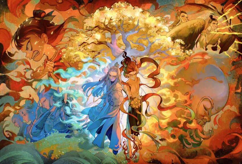 2girls 6+boys ao_bing_(nezha_zhi_motong_jiangshi) ao_guang_(nezha_zhi_motong_jiangshi) armor arrow_(symbol) bald barefoot beard bird_wings black_hair black_pants blue_eyes blue_fire blue_hair body_markings bow_(weapon) chinese_clothes clenched_teeth closed_mouth commentary dragon drawing_bow eastern_dragon english_commentary facial_hair facial_mark fire flame_print forehead_mark from_side full_body furrowed_brow gold_choker hair_bun hair_ribbon hanfu hetong_(nezha_zhi_motong_jiangshi) high_ponytail highres holding holding_bow_(weapon) holding_polearm holding_sword holding_weapon jiuminene lady_yin_(nezha_zhi_motong_jiangshi) li_jing_(nezha_zhi_motong_jiangshi) long_earlobes long_sleeves looking_at_viewer lutong_(nezha_zhi_motong_jiangshi) multiple_boys multiple_girls nezha_(nezha_zhi_motong_jiangshi) nezha_zhi_motong_jiangshi pants pointy_ears polearm ponytail red_eyes red_ribbon red_vest ribbon shoulder_armor single_hair_bun smile spear sword teeth topless_male tree vest weapon white_hanfu wide_sleeves wings wuliang_(nezha_zhi_motong_jiangshi) xiao_guan_(headdress) yellow_hanfu