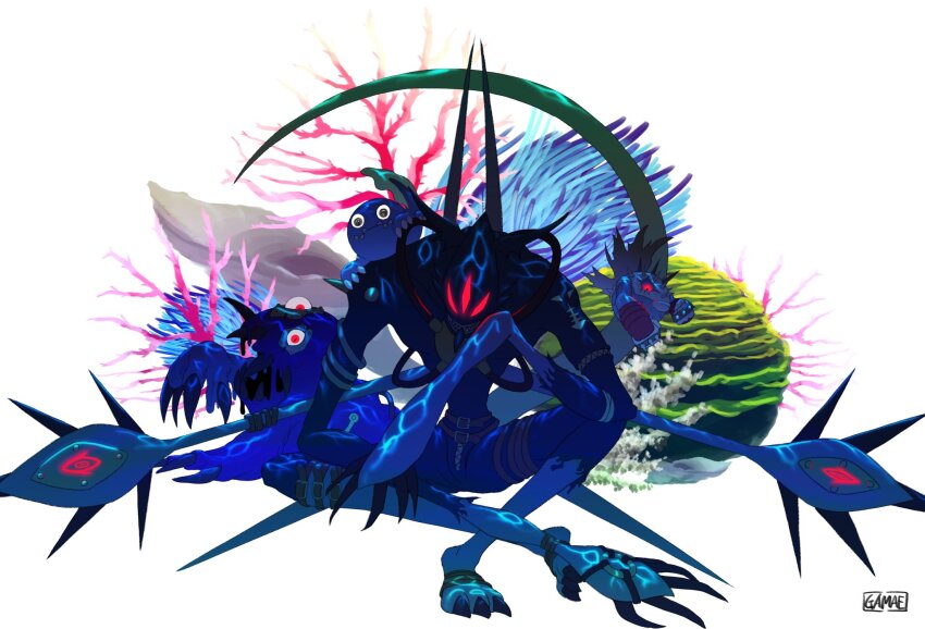 belt digimon digimon_(creature) evolutionary_line glowing glowing_eyes highres marindevimon otamamon pukumon raremon red_eyes tentacles