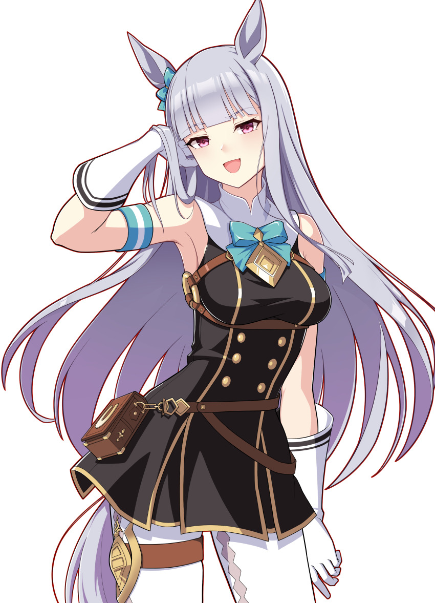 1girl absurdres alternate_color aqua_armband aqua_bow aqua_bowtie argyle_clothes argyle_pantyhose arm_at_side armband bails belt_pouch black_dress blunt_bangs bow bowtie breasts chest_belt commentary cowboy_shot dress ear_bow gloves gold_ship_(umamusume) grey_hair highres horse_girl long_hair looking_at_viewer no_headwear o-ring_strap panties pouch purple_eyes sideboob sidelocks simple_background sleeveless sleeveless_dress solo thigh_strap umamusume underbust underwear very_long_hair white_gloves white_panties