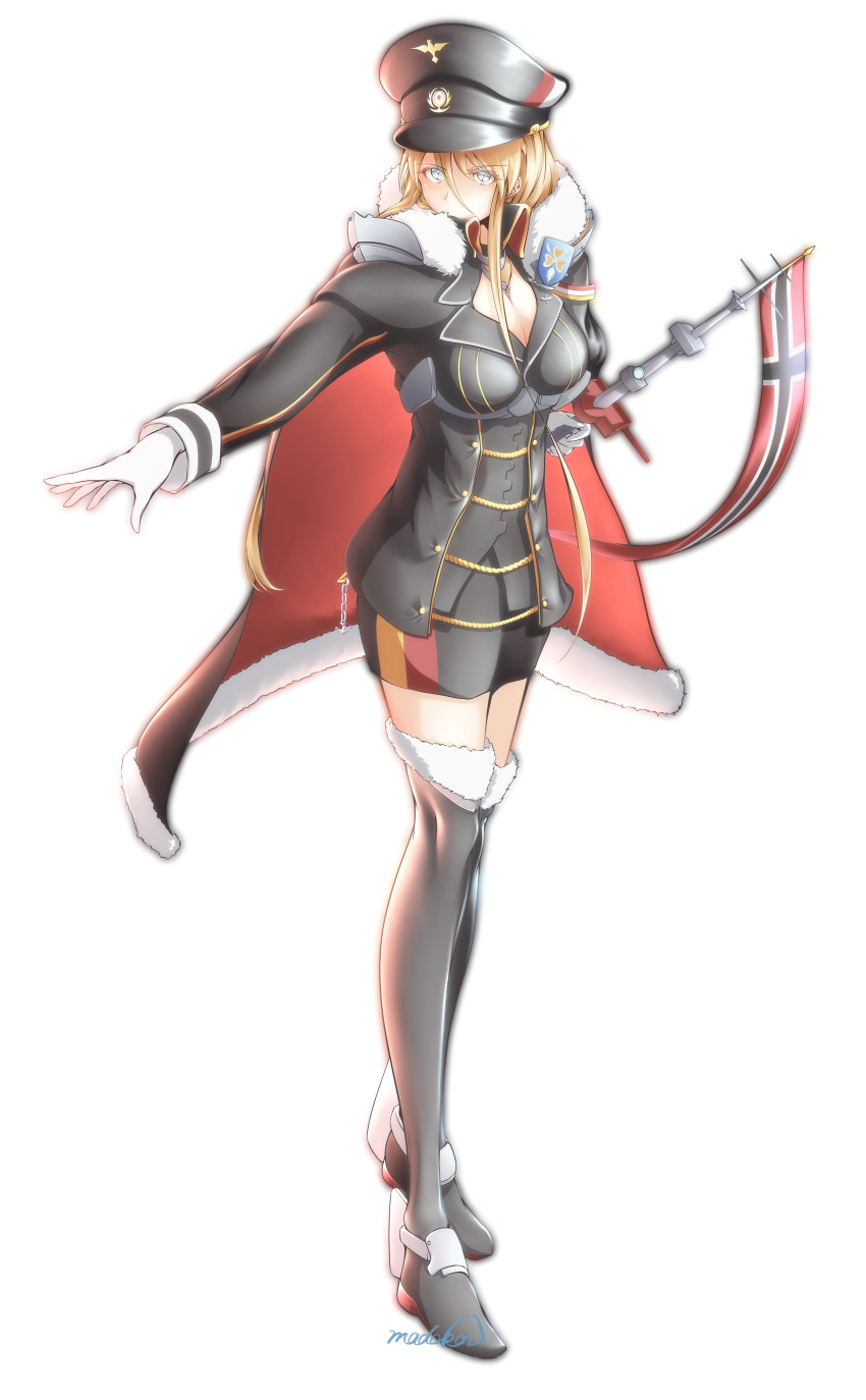 2girls absurdres asymmetrical_hair azur_lane back-to-back bismarck_(azur_lane) bismarck_(coat_of_arms) black_footwear black_headwear black_jacket black_skirt blonde_hair blue_eyes boots breasts cape coat_of_arms full_body fur-trimmed_cape fur_trim gloves hair_between_eyes hair_over_shoulder hat highres jacket long_hair madakov_kodima medium_breasts military military_uniform miniskirt multiple_girls peaked_cap simple_background skirt standing thigh_boots thighhighs white_background white_gloves zettai_ryouiki
