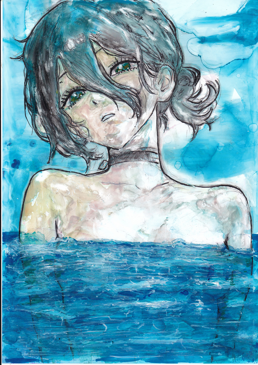 1girl absurdres black_choker black_hair blue_sky chainsaw_man choker green_eyes grenade_pin hair_between_eyes hair_bun highres medium_hair partially_submerged reze_(chainsaw_man) sky sobatuyu solo traditional_media