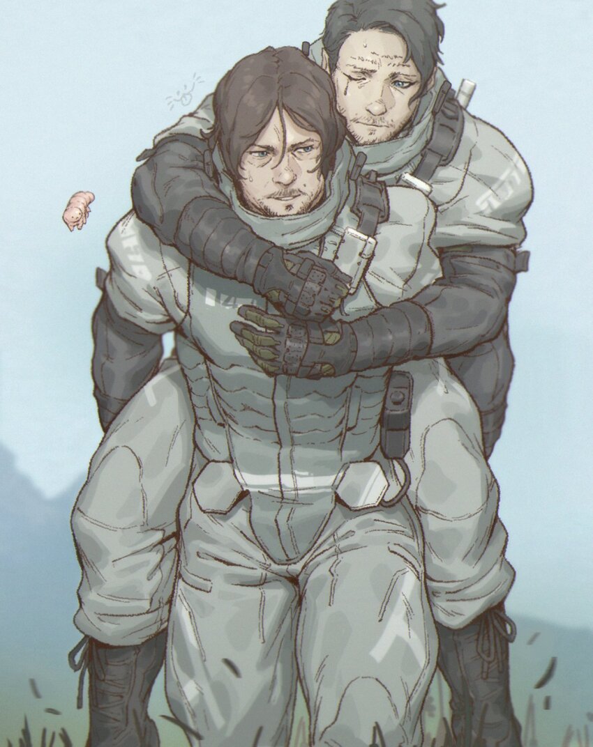 2boys black_gloves blue_eyes boots brown_hair carrying carrying_person closed_mouth couple day death_stranding facial_hair gloves goatee grey_hair hamms_hamss higgs_(death_stranding) highres looking_at_another male_focus mature_male multiple_boys mustache one_eye_closed outdoors sam_porter_bridges short_hair spacesuit worm yaoi