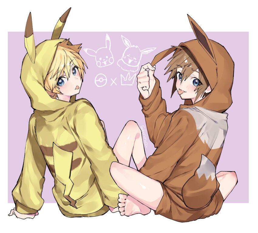 2boys animal_ears barefoot blonde_hair blue_eyes brown_hair character_hood child commentary_request cosplay costume eevee eevee_(cosplay) eevee_ears eevee_tail elementary_schoolboy game_freak gen_1_pokemon highres holding hood kingdom_hearts kingdom_hearts_ii looking_at_viewer male_focus multiple_boys nintendo no_pants onesie pikachu pikachu_(cosplay) pikachu_costume pikachu_ears pikachu_hood pikachu_tail pokemon pokemon_(creature) pokemon_tail roxas seboniruca short_hair simple_background sitting sora_(kingdom_hearts) spiked_hair tail tongue tongue_out