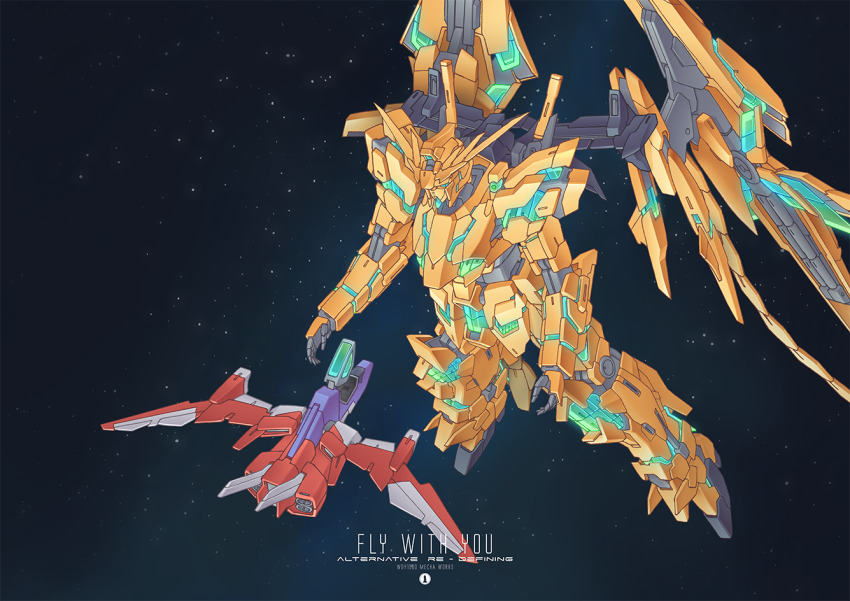 aircraft airplane commentary core_fighter energy_sword english_commentary fighter_jet gundam gundam_narrative mecha mecha_focus military_vehicle mobile_suit night night_sky no_humans psycho_frame robot shield sky space star_(sky) sword unicorn_gundam_phenex v-fin wdy1000 weapon