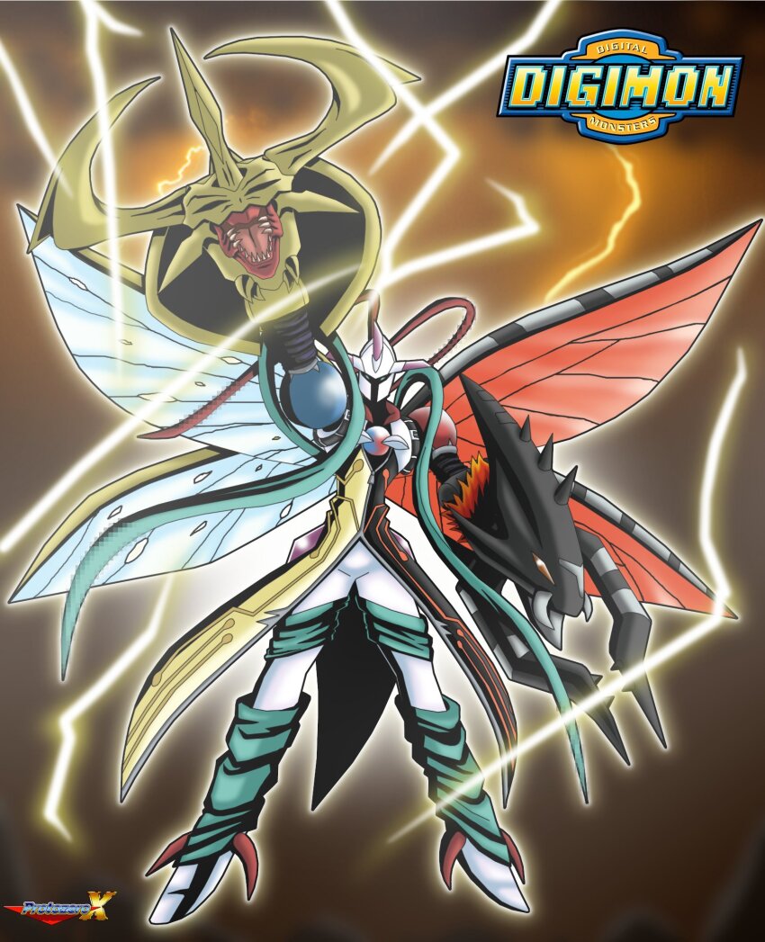 chaosmon corruption digimon digimon_(creature) electricity fusion grankuwagamon heraklekabuterimon highres oridigi original solo spikes
