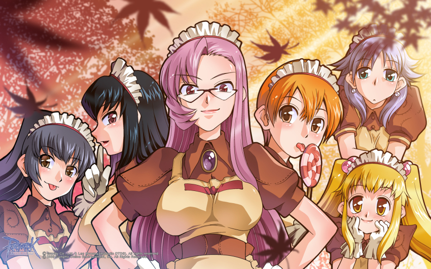 6+girls apron black_hair blonde_hair blossom_(ragnarok_online) blue_hair blush breasts brown_apron brown_dress brown_eyes candy closed_mouth collared_dress copyright_name curly_sue dated dress earrings food glasses gloves green_eyes hair_between_eyes hair_bobbles hair_ornament highres jasmine_(ragnarok_online) jewelry kafra_uniform leilah_(ragnarok_online) licking lollipop long_hair looking_at_viewer maid maid_headdress medium_breasts mizuki_hitoshi multiple_girls official_art official_wallpaper open_mouth orange_hair pavianne_(ragnarok_online) pink_eyes pink_hair ponytail puffy_short_sleeves puffy_sleeves ragnarok_online red_eyes roxie_(ragnarok_online) short_hair short_sleeves smile tongue tongue_out tree twintails upper_body watermark white_gloves