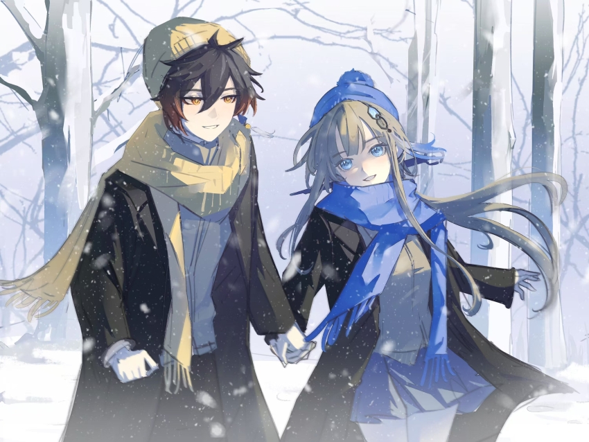 1boy 1girl alternate_costume black_hair blue_eyes brown_hair buzhidaogaishenmeming90675 chinese_commentary chinese_hairpin commentary_request earrings eyeliner eyeshadow genshin_impact gradient_hair grey_hair guizhong_(genshin_impact) hair_between_eyes hair_ornament highres holding_hands jacket jewelry long_hair makeup multicolored_hair outdoors ponytail red_eyeshadow scarf shirt single_earring skirt smile snowing tassel tassel_earrings tassel_hair_ornament tree winter yellow_eyes zhongli_(genshin_impact)