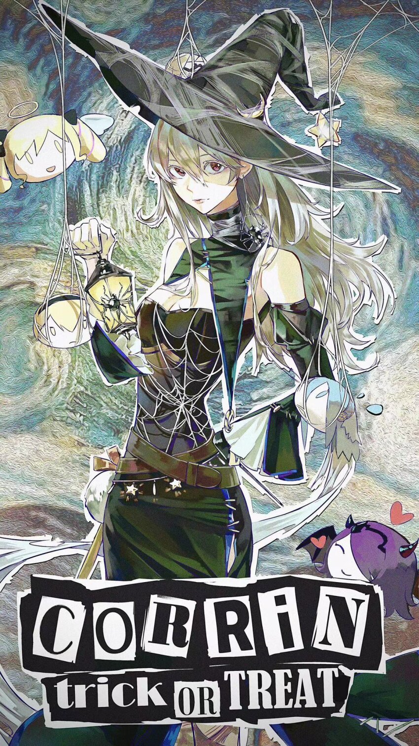 1girl alternate_breast_size aqua_hair azura_(fire_emblem) bare_shoulders belt black_capelet black_dress black_hat blonde_hair breasts bug camilla_(fire_emblem) capelet character_name commentary corrin_(female)_(fire_emblem) corrin_(female)_(halloween)_(fire_emblem) crescent detached_sleeves dress elise_(fire_emblem) english_text fire_emblem fire_emblem_fates fire_emblem_heroes grey_hair halloween halloween_costume halo hat heart highres holding holding_lantern lantern leo_(fire_emblem_fates) lkppp long_hair looking_at_viewer nintendo official_alternate_costume parted_lips partially_shaded_face purple_hair red_eyes shaded_face silk sleeves_past_fingers sleeves_past_wrists small_breasts spider spider_web symbol-only_commentary upper_body witch witch_hat xander_(fire_emblem)