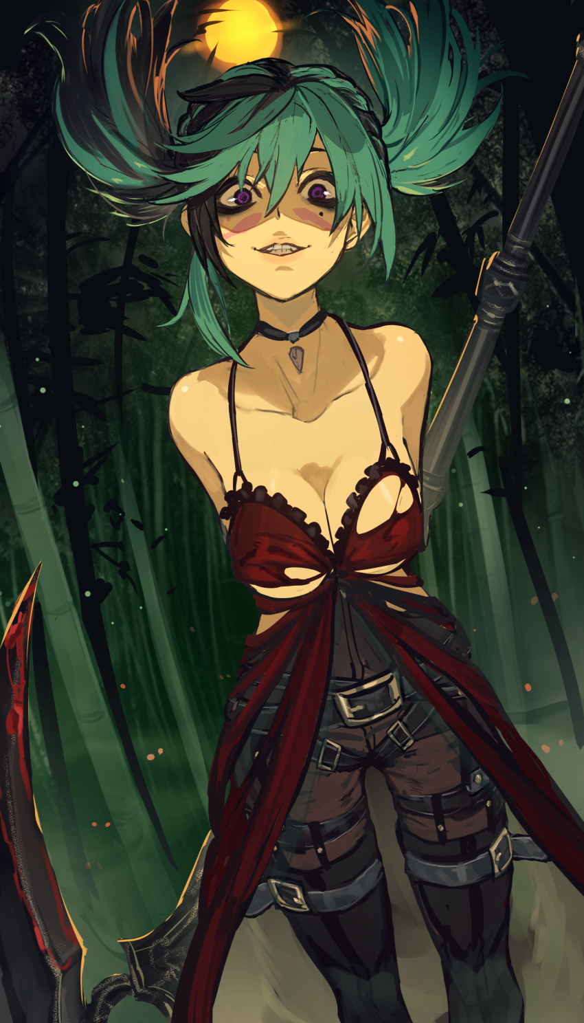 1girl absurdres aqua_hair bamboo bamboo_forest belt black_choker black_hair breasts choker facial_mark final_fantasy final_fantasy_xiv forest full_moon hide_(hideout) highres holding holding_scythe hyur medium_breasts mole mole_under_eye moon multicolored_hair nature night purple_eyes reaper_(final_fantasy) scythe solo torn_clothes twintails two-tone_hair warrior_of_light_(ff14)