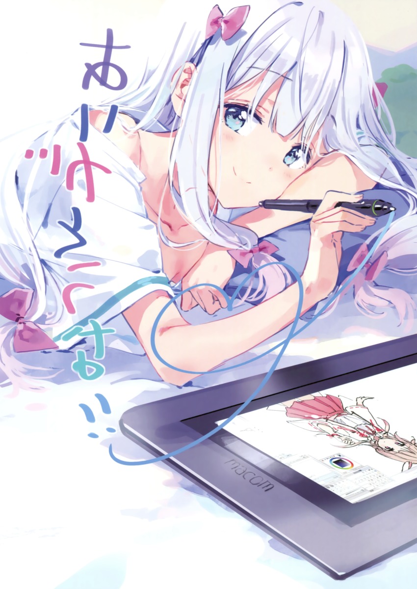 1girl absurdres adrenaline!!! aqua_eyes artist_name bow brand_name_imitation closed_mouth clothes_writing collarbone dated drawing_on_fourth_wall drawing_tablet eromanga_sensei female_focus grey_hair hair_bow heart highres izumi_sagiri long_hair looking_at_viewer lying mirrored_text pink_bow scan selfie short_sleeves smile solo tiv writing