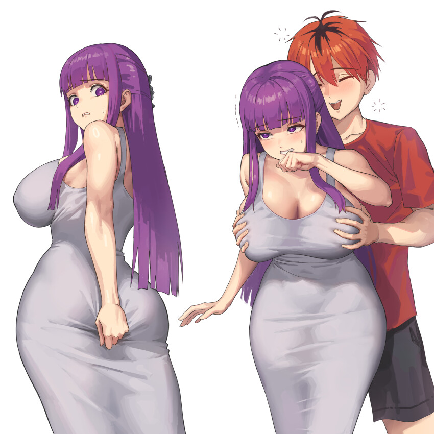 1boy 1girl absurdres ass black_hair black_shorts blunt_bangs blush breasts cleavage clenched_hand closed_eyes collarbone covered_erect_nipples covered_navel curvy dongtan_dress dress embarrassed eyebrows_hidden_by_hair eyes_visible_through_hair fern_(sousou_no_frieren) grabbing_another&#039;s_breast grey_dress groping half_updo highres ksksksa large_breasts long_hair looking_back looking_to_the_side multicolored_hair open_mouth orange_hair purple_eyes purple_hair red_shirt shirt shorts smile sousou_no_frieren standing stark_(sousou_no_frieren) streaked_hair sweat teeth thighs tight_clothes tight_dress tongue very_long_hair white_background