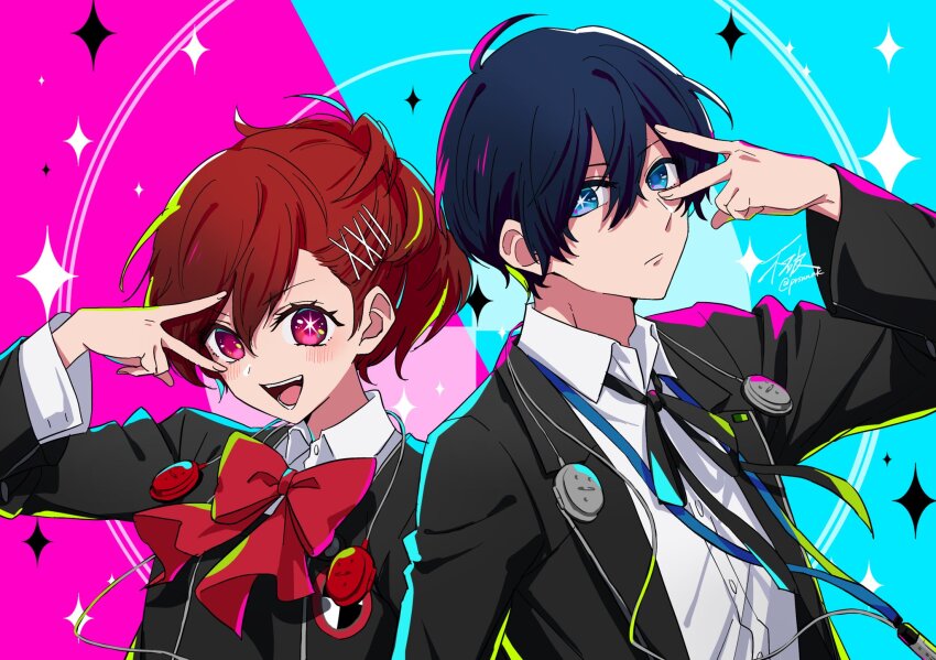 1boy 1girl black_hair black_jacket black_ribbon blue_eyes blush bow bowtie brown_hair collared_shirt digital_media_player digital_walkman eme_(204) gekkoukan_high_school_uniform hair_ornament hairclip highres jacket long_sleeves looking_at_viewer neck_ribbon open_mouth oshi_no_ko parody persona persona_3 persona_3_portable red_bow red_bowtie ribbon school_uniform shiomi_kotone shirt signature sparkle star-shaped_pupils star_(symbol) symbol-shaped_pupils upper_body v v_over_eye walkman_nw-s203f white_shirt yuuki_makoto_(persona_3)