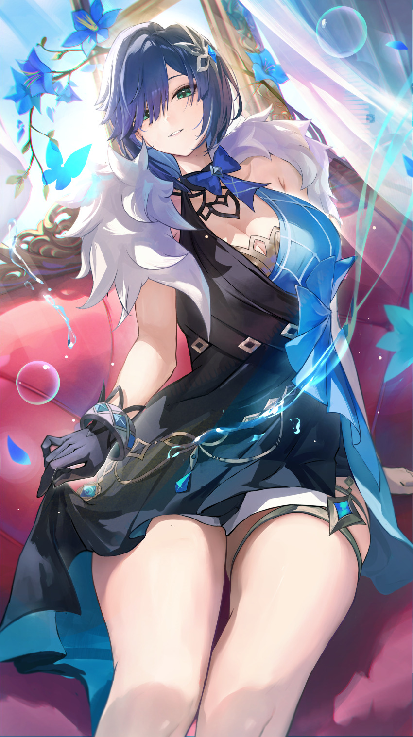 1girl absurdres bangle black_dress black_gloves blue_dress blue_flower blue_hair bracelet breasts cleavage commentary_request curtains dress dutch_angle feather_boa flower genshin_impact gloves green_eyes hair_ornament hair_over_one_eye halter_dress halterneck highres jewelry looking_at_viewer official_alternate_costume official_alternate_hairstyle otabaaa parted_bangs parted_lips short_dress short_hair silver_bangle single_glove sitting sleeveless sleeveless_dress smile soap_bubbles solo thighs vision_(genshin_impact) yelan_(genshin_impact) yelan_(tranquil_banquet)_(genshin_impact)