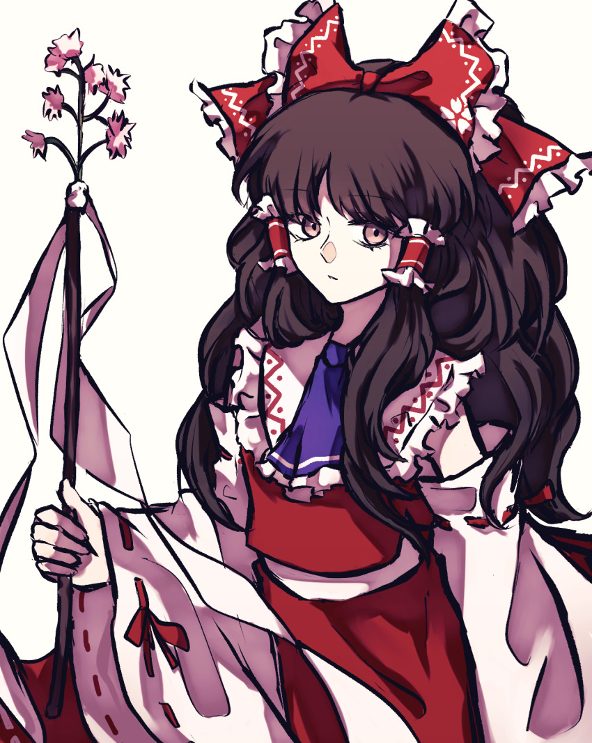 1girl ascot bow brown_eyes brown_hair closed_mouth commentary detached_sleeves flower frilled_bow frilled_hair_tubes frills gohei hair_tubes hakurei_reimu highres holding holding_gohei long_hair looking_at_viewer phantasmagoria_of_flower_view pink_flower purple_ascot red_bow red_skirt ribbon-trimmed_sleeves ribbon_trim skirt skirt_set soda_(sodaa_811) solo touhou very_long_hair