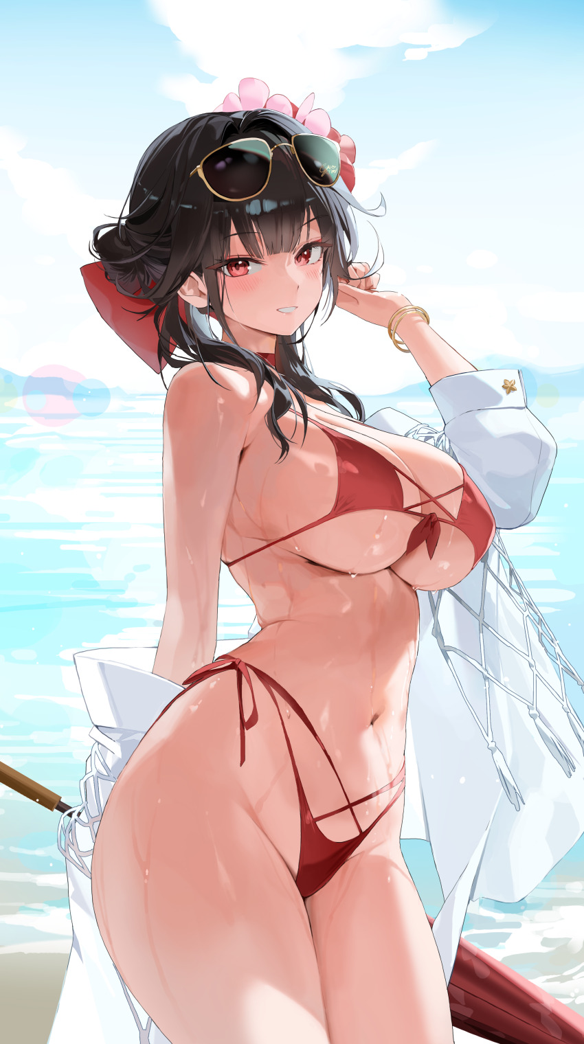 1girl absurdres beach bikini black_hair blue_sky blush bracelet breasts choyeon day eyewear_on_head flower goddess_of_victory:_nikke gold_bracelet grin hair_flower hair_ornament hand_up highres holding holding_umbrella jewelry large_breasts long_hair navel ocean off_shoulder outdoors red_bikini red_eyes sakura_(bloom_in_summer)_(nikke) sakura_(nikke) shirt sky smile solo stomach sunglasses swimsuit umbrella wet white_shirt