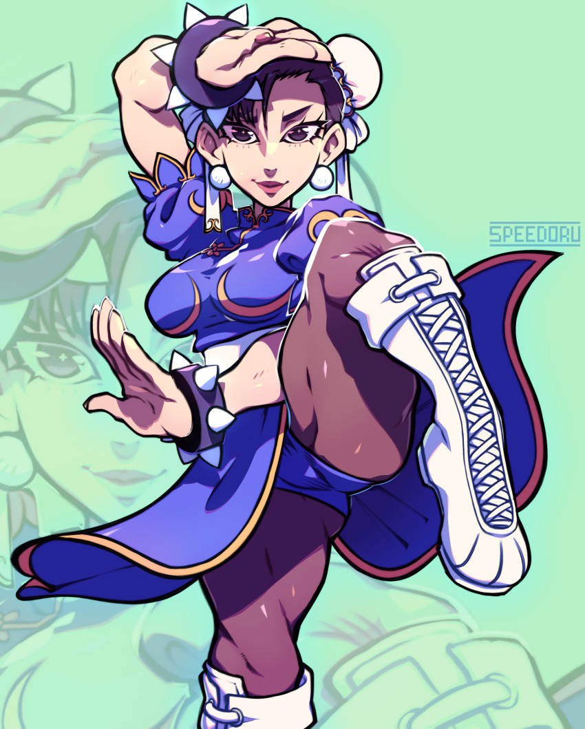 1girl artist_name bracelet brown_hair bun_cover capcom china_dress chinese_clothes chun-li double_bun dress earrings green_background hair_bun highres jewelry pantyhose pelvic_curtain puffy_short_sleeves puffy_sleeves short_sleeves simple_background solo speedoru spiked_bracelet spikes street_fighter yellow_trim