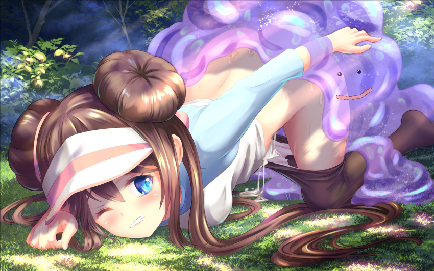 1girl bestiality blue_eyes blush breasts brown_hair bush clenched_teeth clothes_pull commentary_request day ditto double_bun eyelashes gen_1_pokemon grass h_(sfkf5588) hair_bun highres light_rays long_hair nintendo one_eye_closed outdoors pantyhose pantyhose_pull pokemon pokemon_(creature) pokemon_bw2 pokephilia raglan_sleeves rape rosa_(pokemon) shirt teeth top-down_bottom-up twintails visor_cap