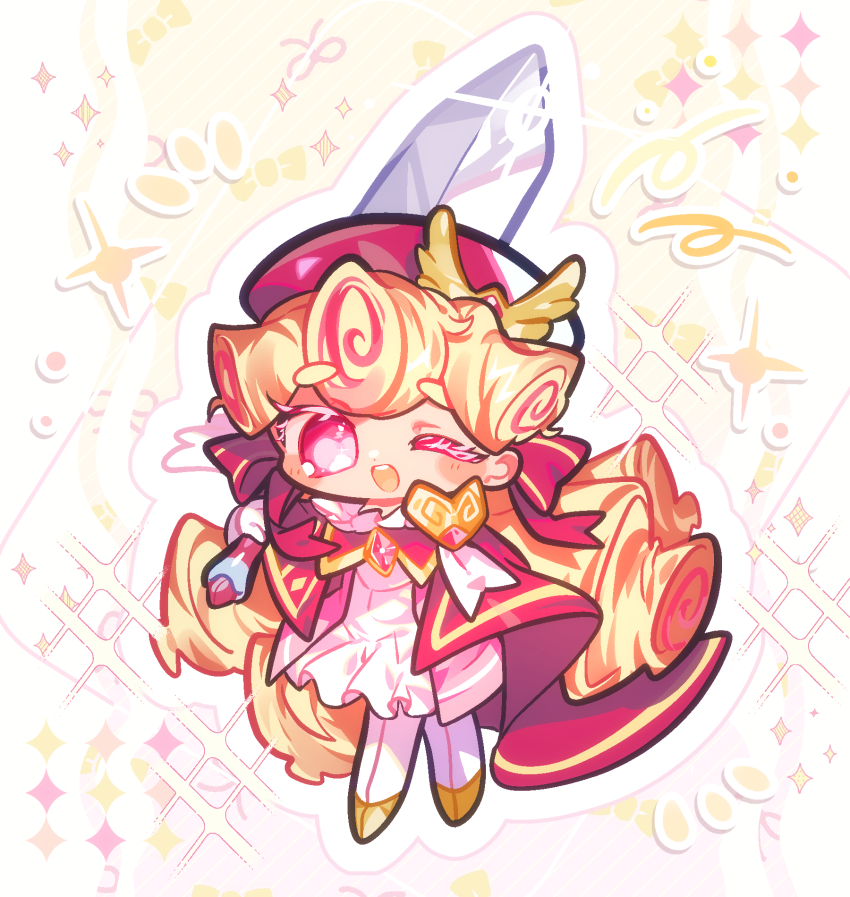 1girl :d blonde_hair blush chibi chibi_only colored_eyelashes cookie_run cookie_run:_kingdom curly_hair dress full_body gloves gold_footwear gold_trim hair_behind_ear hat highres holding holding_sword holding_weapon humanization jacket kouign-amann_cookie kouign-amann_cookie_(pride_of_the_academy) long_hair looking_at_viewer multicolored_hair no_pupils official_alternate_costume omoyu_(nakyu715) one_eye_closed open_mouth outline pants pink_hair pink_hat pink_jacket round_teeth simple_background smile solo standing streaked_hair sword teeth two-tone_hair upper_teeth_only very_long_hair weapon white_dress white_gloves white_outline white_pants