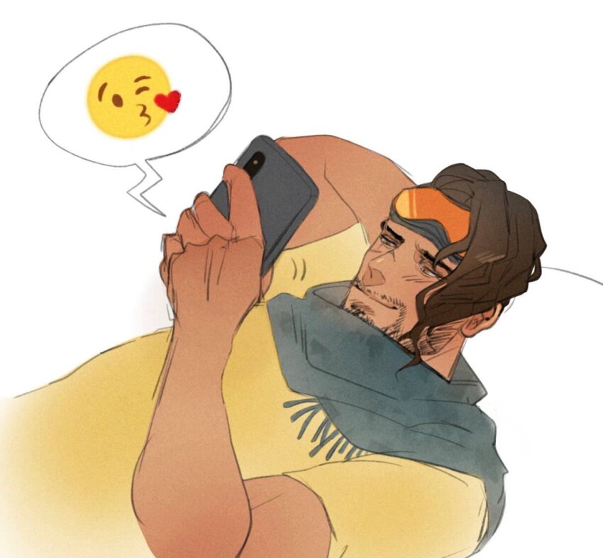 1boy apex_legends blue_scarf brown_eyes brown_hair cellphone commentary dark-skinned_male dark_skin emoji facial_hair goatee goggles goggles_on_head heart kitty_keihara lying male_focus mirage_(apex_legends) on_back on_bed phone scar scar_across_eye scar_on_face scarf shirt simple_background smartphone smirk solo speech_bubble symbol-only_commentary white_background yellow_shirt