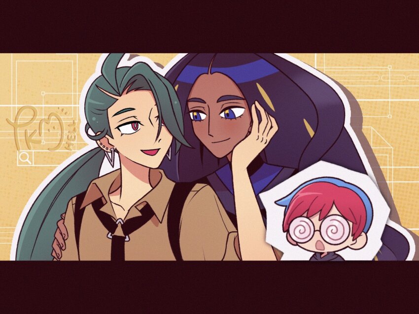 3girls :d :o @_@ black_hair black_necktie blue_eyes blue_hair bright_pupils closed_mouth commentary dark-skinned_female dark_skin earrings eyelashes geeta_(pokemon) green_hair hand_on_another&#039;s_arm hand_up highres himejoshi hood hoodie jewelry letterboxed long_hair multicolored_hair multiple_girls necktie nintendo open_mouth outline penny_(pokemon) pokemon pokemon_sv red_hair rika_(pokemon) short_hair smile stud_earrings submashell suspenders two-tone_hair white_pupils yellow_background yuri