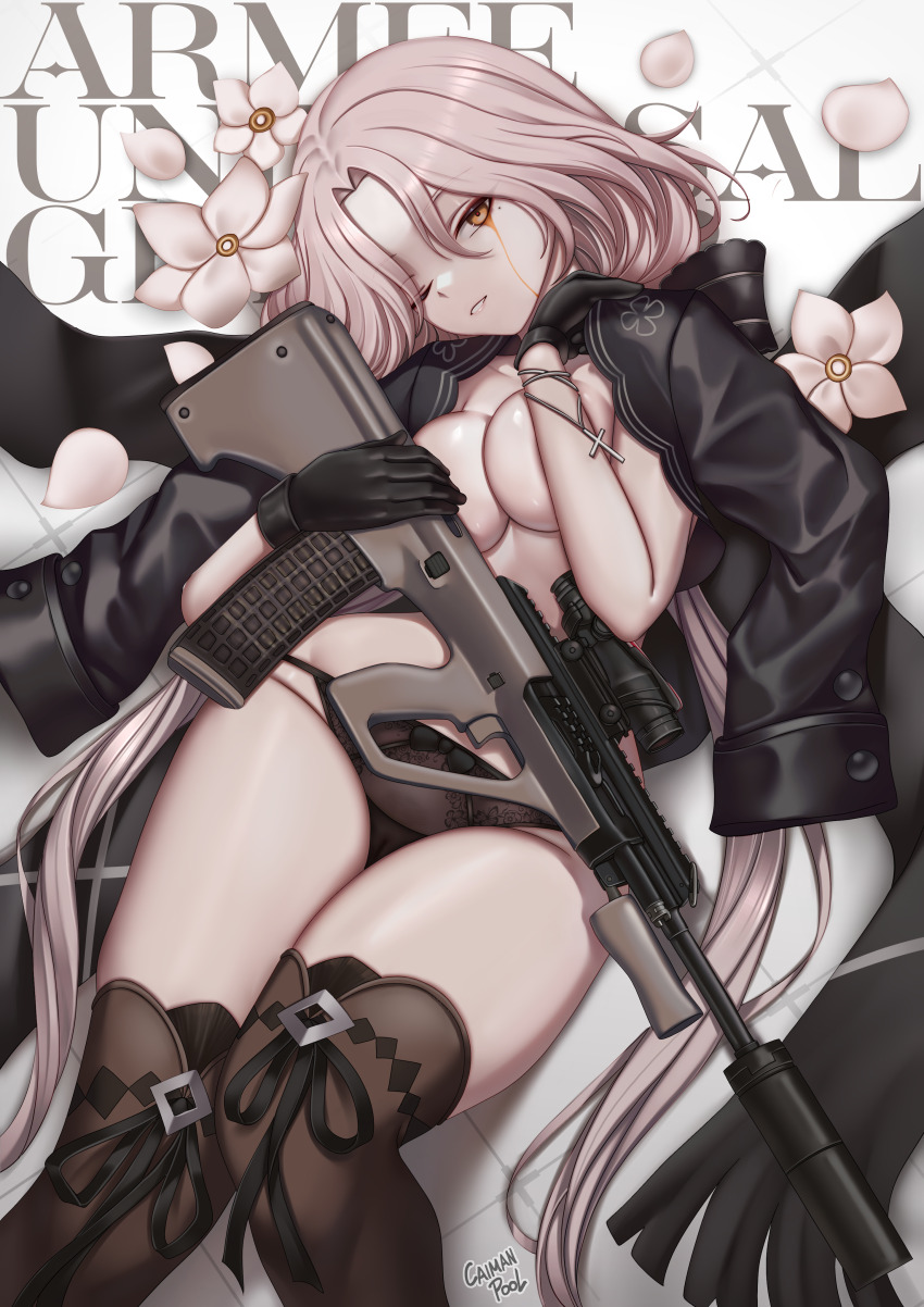 1girl absurdres assault_rifle aug_(girls&#039;_frontline) black_gloves black_jacket black_panties boots breasts brown_boots bullpup caiman_pool cleavage colored_tears commentary flower girls&#039;_frontline gloves gun highres holding holding_gun holding_weapon jacket jacket_on_shoulders long_hair looking_at_viewer lying medium_breasts mole mole_under_eye on_back on_floor one_eye_closed panties parted_lips petals rifle scope solo steyr_aug thigh_boots tile_floor tiles underwear weapon white_flower