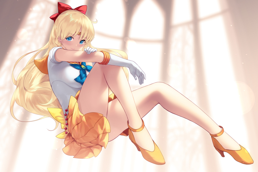 1girl aino_minako bishoujo_senshi_sailor_moon blonde_hair blue_eyes blush bow brooch cait_aron closed_mouth elbow_gloves floating full_body gloves hair_bow hair_ornament highres jewelry long_hair looking_at_viewer orange_shoes orange_skirt pleated_skirt red_bow sailor_venus shirt shoes skirt smile solo thighs white_gloves white_shirt