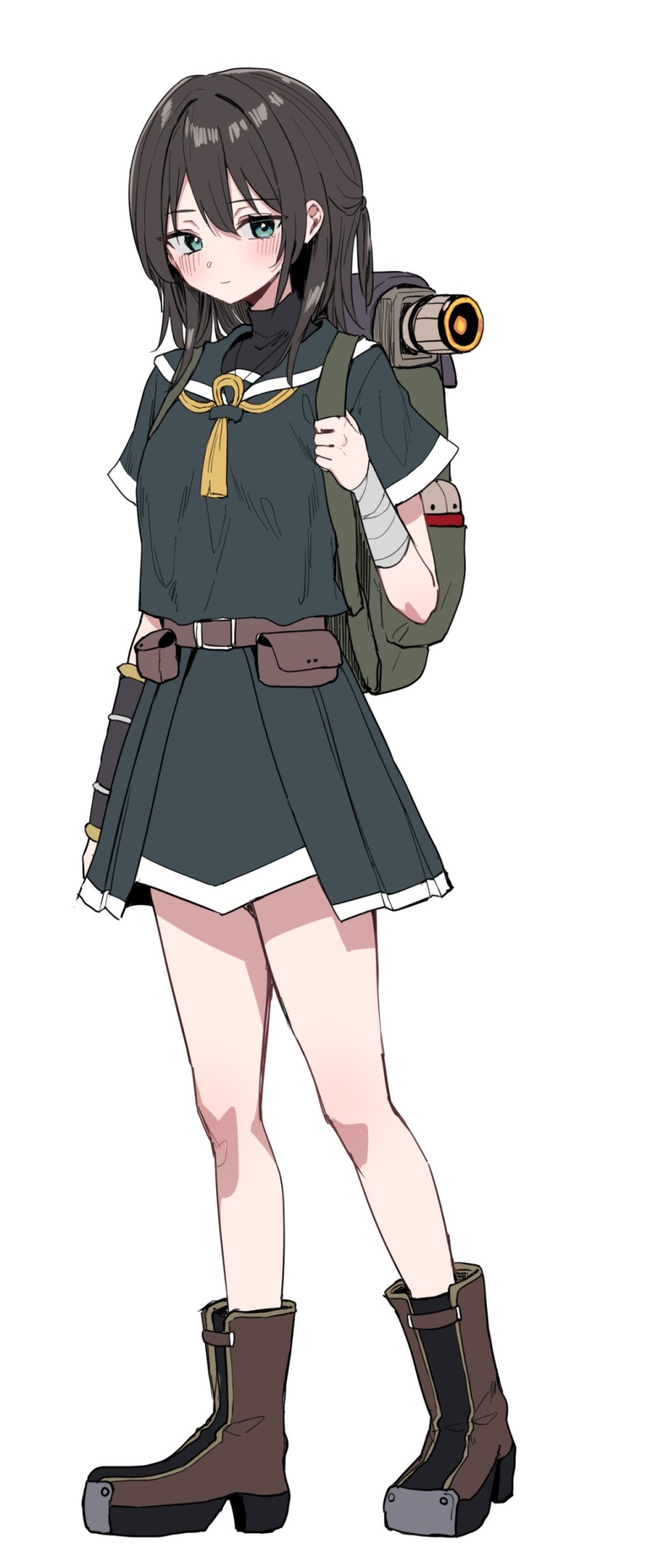 1girl absurdres backpack bag bandaged_arm bandages black_hair black_sailor_collar black_serafuku black_shirt black_skirt blue_eyes blush boots brown_boots closed_mouth full_body hair_between_eyes hand_up highres light_smile looking_at_viewer original piripun pleated_skirt sailor_collar school_uniform serafuku shirt simple_background skirt solo white_background