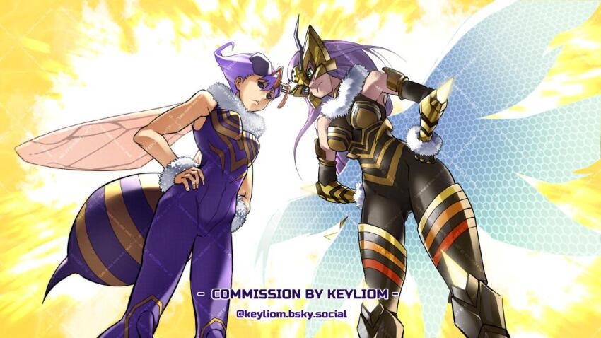 arthropod_girl bare_shoulders black_bodysuit blue_eyes bodysuit breasts commission cowboy_shot darkstalkers digimon digimon_(creature) eye_mask hand_on_own_hip insect_wings keyliom long_hair male_underwear medium_breasts medium_hair name_connection purple_hair q-bee queenbeemon symmetry trait_connection underwear watermark wings yellow_male_underwear