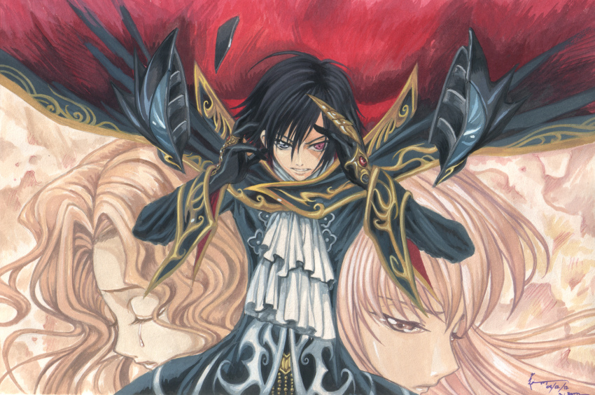 1boy 2girls absurdres ascot black_cape black_coat black_gloves black_hair broken_helmet brother_and_sister c.c. cape claw_ring closed_eyes coat code_geass crying dominic_ian_cabatit floating_cape frown geass gloves gold_ring gold_trim half-closed_eyes hands_up head_only heterochromia high_collar highres lelouch_vi_britannia light_frown long_hair long_sleeves looking_at_viewer male_focus multiple_girls nunnally_vi_britannia ornate_clothes parted_lips purple_eyes red_cape siblings single_tear solo_focus tears two-sided_cape two-sided_fabric u_u white_ascot