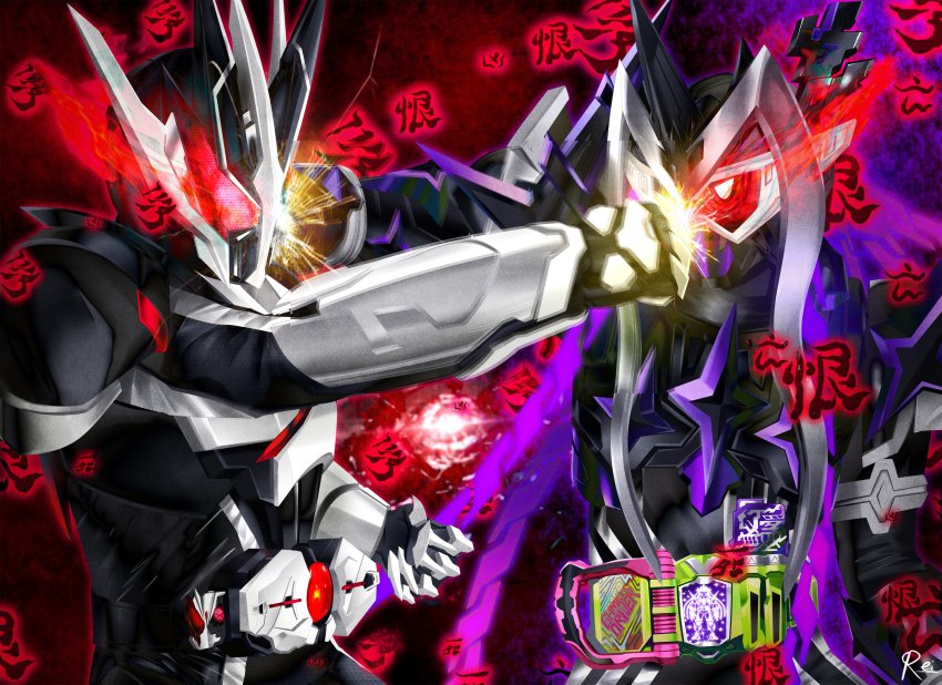 2boys absurdres adk-em alternate_costume amatsu_gai ark_(kamen_rider_01) ark_driver ark_thouser-one armor artist_name bandai bandai_namco black_bodysuit bodysuit clash clenched_hand commentary creator_connection dan_kuroto distortion rider_belt english_commentary game gameplay gamer_driver genm_musou genm_musou_gashat glowing glowing_eyes highres ishimori_prod japanese_text kamen_rider kamen_rider_01_(series) kamen_rider_ex-aid_(series) kamen_rider_genm kamen_rider_genm_musou kamen_rider_outsiders kamen_rider_thousand_ark kamen_rider_thouser long_hair male_focus multiple_boys musou_gamer official_alternate_costume punching purple_armor red_eyes reiei_8 rider_belt toei_company toei_tokusatsu_fan_club tokusatsu tv_asahi white_armor