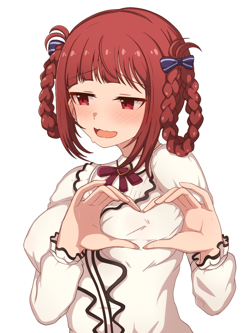 1girl absurdres averting_eyes blue_ribbon blunt_bangs blush braid braided_hair_rings breasts covered_erect_nipples dot_nose frilled_shirt frills hair_ribbon hair_rings heart heart-shaped_boob_challenge heart_hands highres idolmaster idolmaster_million_live! idolmaster_million_live!_theater_days large_breasts matsuda_arisa milliani neck_ribbon official_alternate_costume official_alternate_hairstyle private_dress_(idolmaster_million_live!) red_eyes red_hair red_ribbon ribbon shirt sidelocks simple_background solo sweat t wavy_mouth white_background white_shirt
