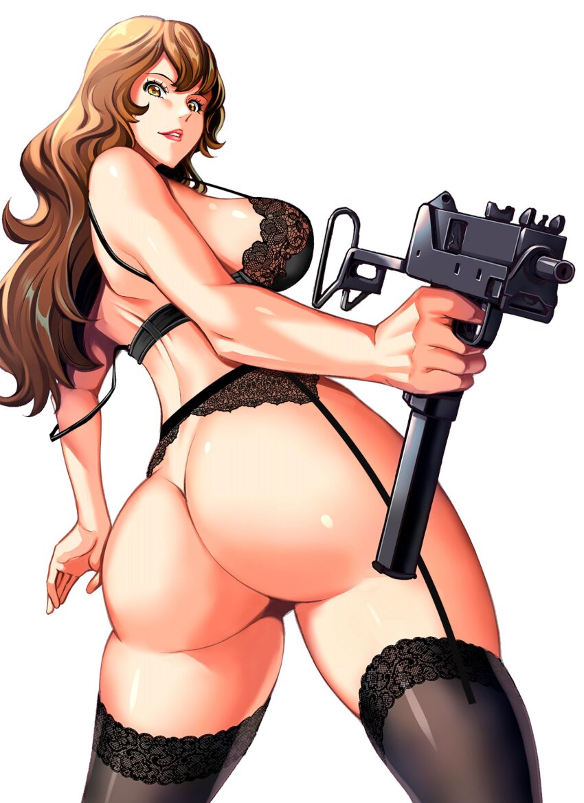 1girl 2024 ass ass_focus black_bra black_garter_belt black_thighhighs bottomless bra breasts brown_eyes brown_hair cleavage contrapposto finger_on_trigger foreshortening garter_belt grin gun hashtag-only_commentary highres itachou lace lace_bra lace_garter_belt lace_panties large_breasts lipstick long_hair looking_at_viewer looking_back looking_down lupin_iii mac-10/11 makeup mine_fujiko panties parted_lips pink_lips shiny_skin sideboob smile solo strap_slip submachine_gun tareme thighhighs underwear underwear_only weapon