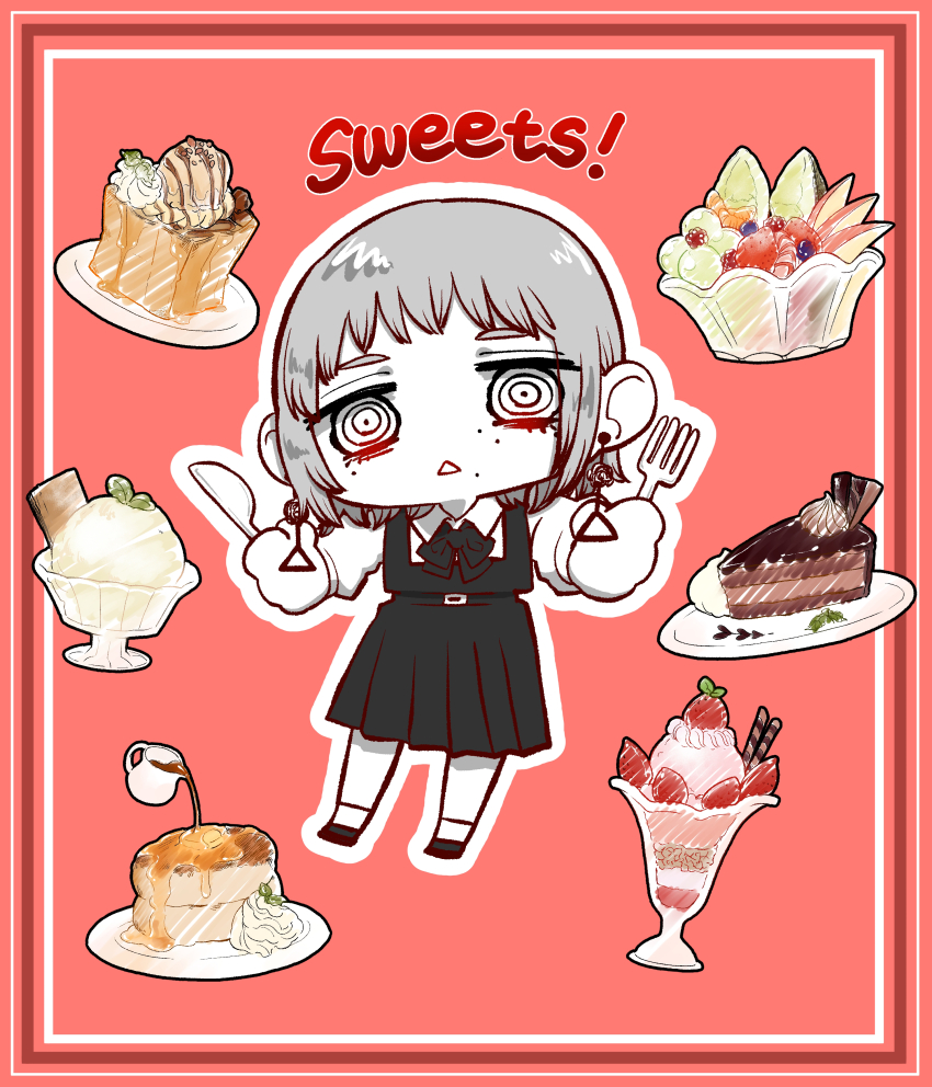 1girl absurdres black_ribbon butter cake cake_slice candy chainsaw_man chibi chocolate_cake concentric_circles dress earrings english_text fami_(chainsaw_man) food fork fourth_east_high_school_uniform fruit haru_rice highres holding holding_fork holding_spoon honey ice_cream jewelry limited_palette mole mole_under_eye mole_under_mouth multiple_moles neck_ribbon pancake pancake_stack pinafore_dress plate ribbon ringed_eyes school_uniform simple_background sleeveless_dress spoon tassel tassel_earrings triangle_mouth
