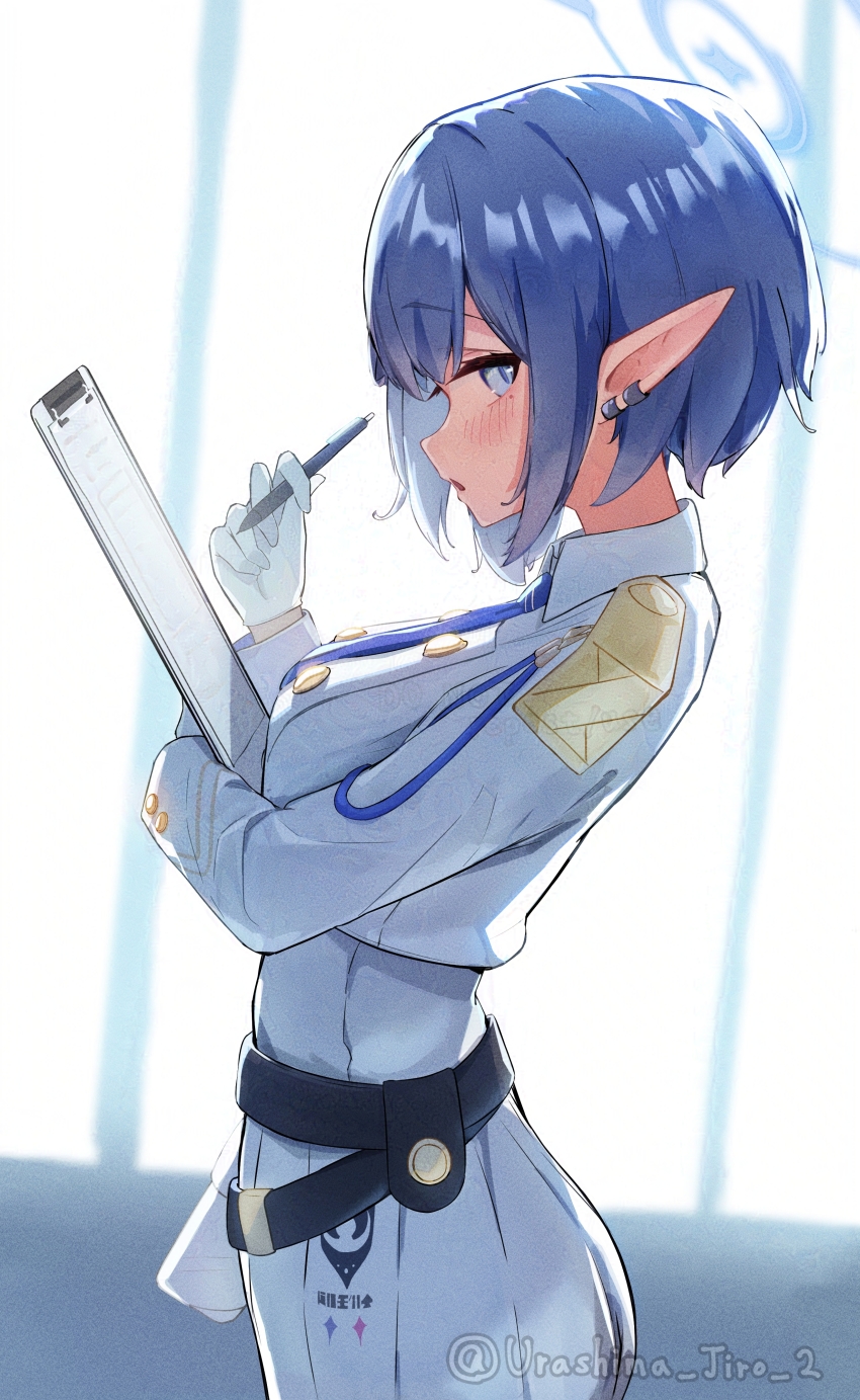 1girl absurdres aoi_(blue_archive) artist_name blue_archive blue_eyes blue_hair blue_halo earrings from_side gloves halo highres holding holding_pen indoors jewelry looking_at_viewer pen pointy_ears short_hair solo urashima_jiro white_gloves