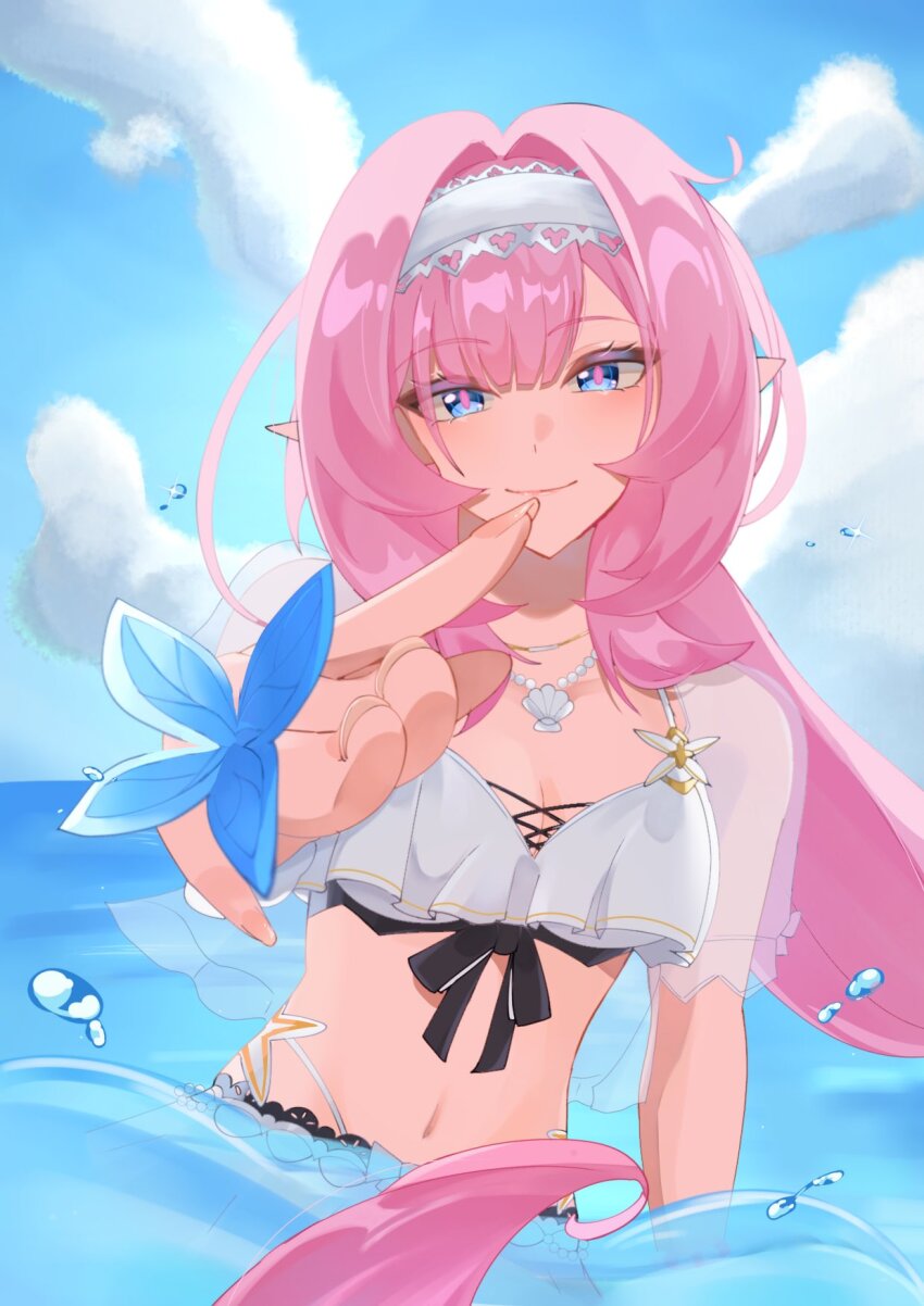 1girl bikini blue_eyes blue_sky breasts e_e332 elf elysia_(honkai_impact) elysia_(miss_pink_elf)_(honkai_impact) elysia_(summer_miss_elf)_(honkai_impact) hairband hashtag-only_commentary highres honkai_(series) honkai_impact_3rd jewelry large_breasts long_hair looking_at_viewer navel necklace ocean official_alternate_costume outdoors partially_submerged pink_hair pink_pupils pointy_ears shell shell_necklace sky smile solo stomach swimsuit white_bikini white_hairband