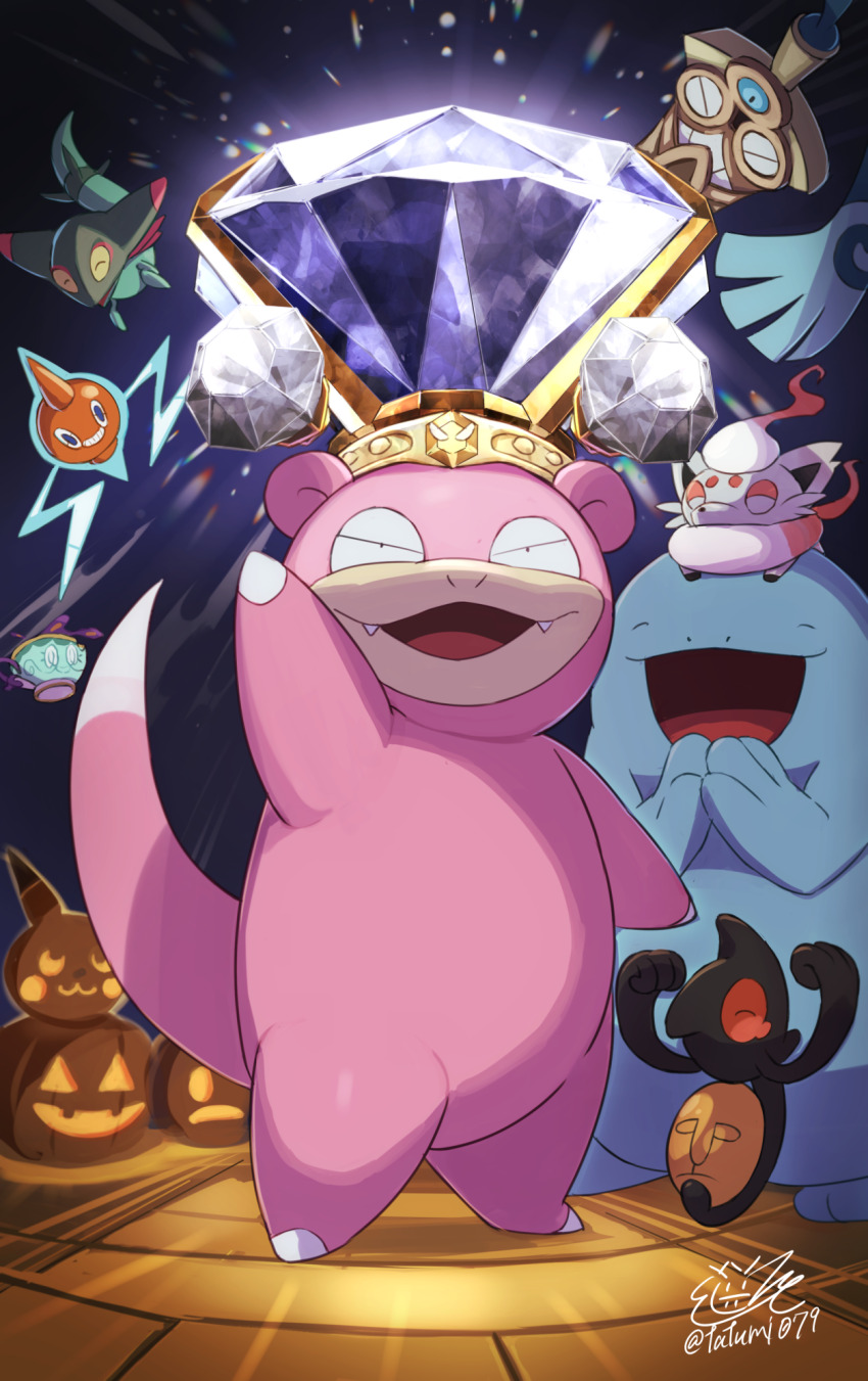 :d arm_up black_eyes closed_eyes commentary_request dreepy fangs gen_1_pokemon gen_2_pokemon gen_4_pokemon gen_5_pokemon gen_6_pokemon gen_8_pokemon highres hisuian_zorua honedge jack-o&#039;-lantern nintendo on_head open_mouth pokemon pokemon_(creature) pokemon_on_head quagsire rotom rotom_(normal) signature sinistea slowpoke smile standing tatsumi_(panneko) terastallization tongue yamask