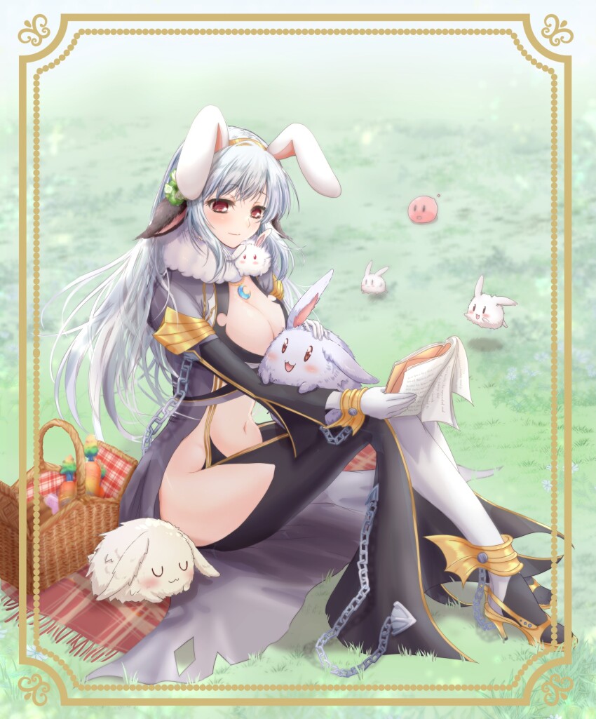 1girl :3 absurdres animal_ears black_pants blush breasts brown_eyes chain cleavage closed_mouth coat commission crop_top fake_animal_ears front_slit full_body gloves grass grey_coat grey_hair high_heels highres kuma_king large_breasts long_hair lunatic_(ragnarok_online) open_clothes open_coat pants pee picnic_basket poring rabbit rabbit_ears rabbit_girl ragnarok_online sandals shirt skeb_commission slime_(creature) smile solo suspenders thighhighs warlock_(ragnarok_online) white_gloves white_shirt white_thighhighs yellow_sandals