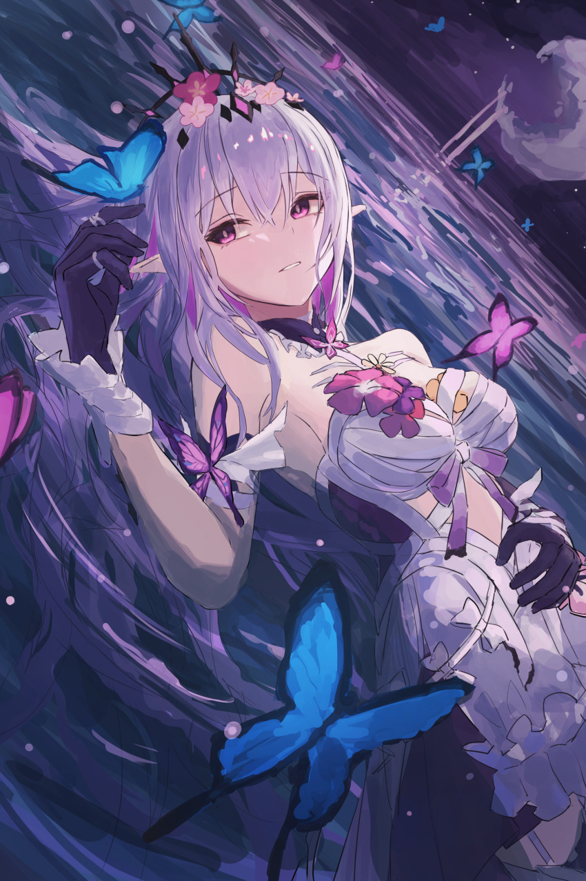 1girl absurdres black_tiara blue_butterfly bright_pupils bug butterfly castorice_(honkai:_star_rail) dress gloves hand_up highres honkai:_star_rail honkai_(series) insect lying muginosa on_back parted_lips purple_butterfly purple_eyes purple_gloves purple_hair solo tiara white_dress white_pupils