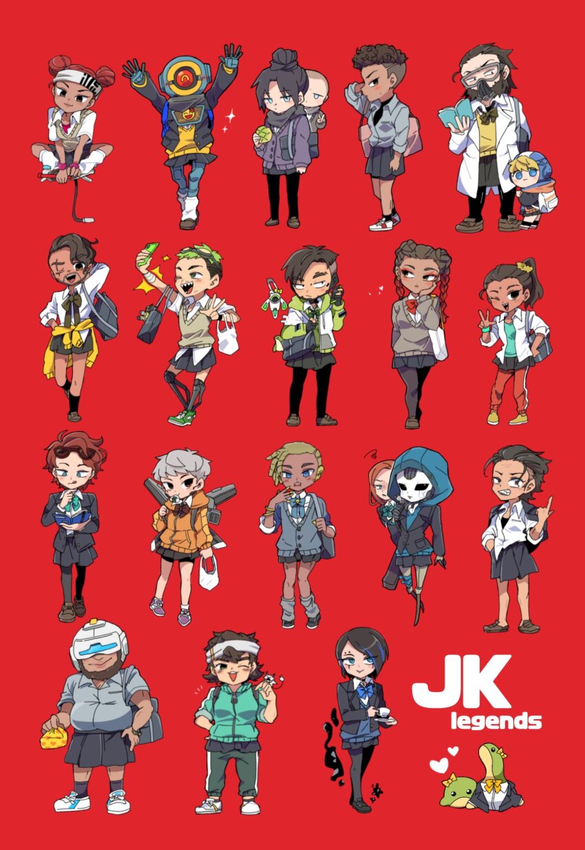 aged_down alternate_costume animification apex_legends aqua_jacket ash&#039;s_rat_(apex_legends) ash_(titanfall_2) ashleigh_reid assault_visor bag bald bald_female bangalore_(apex_legends) beard black_eyes black_jacket black_pantyhose black_scarf black_sclera black_shirt black_skirt black_thighhighs blazer blonde_hair blue_bow blue_cardigan blue_eyes blue_shirt blush book bow bracelet braid breasts brown_cardigan brown_eyes brown_footwear brown_hair brown_sweater cardigan catalyst_(apex_legends) caustic_(apex_legends) cellphone clothed_robot collared_shirt colored_sclera cracked_skin crossdressing crypto_(apex_legends) dark-skinned_female dark-skinned_male dark_skin double_bun dreadlocks dual_persona earrings echo_(apex_legends) everyone face_piercing facial_hair facial_mark fat fat_man forehead_mark frown goatee goggles goggles_on_head green_footwear green_hair grey_cardigan grey_hair grey_scarf grey_shirt hack_(apex_legends) hair_bun hair_slicked_back head_tilt headband heart helmet highres holding holding_bag holding_book holding_phone hood hood_up hoodie horizon_(apex_legends) indian_style jacket jacket_on_shoulders jetpack jewelry lifeline_(apex_legends) loba_(apex_legends) looking_at_viewer looking_down looking_to_the_side mad_maggie_(apex_legends) medium_breasts metal_skin mirage_(apex_legends) missile_pod nessie_(respawn) newcastle_(apex_legends) nojima_minami non-humanoid_robot nose_piercing nose_ring octane_(apex_legends) one-eyed one_eye_closed orange_hoodie pants pantyhose parted_lips pathfinder_(apex_legends) phone piercing pointing pointing_up purple_cardigan rampart_(apex_legends) red_background red_bow red_eyes red_hair red_pants robot sanpaku scarf school_uniform seer_(apex_legends) shirt shoes short_hair side_ponytail sitting skirt smartphone smile sneakers sparkle squiggle sweater the_liberator_wraith thighhighs track_jacket track_pants tube_socks twin_braids v valkyrie_(apex_legends) vantage_(apex_legends) wattson_(apex_legends) waving white_footwear white_headband white_shirt wraith_(apex_legends) yellow_eyes yellow_sweater