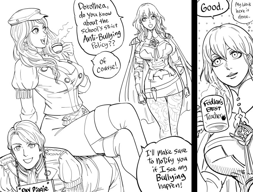 1boy 2girls absurdres bb_(baalbuddy) bent_over breasts bullying cape cleavage coffee_mug cup dorothea_arnault female_byleth_(fire_emblem) femdom ferdinand_von_aegir fire_emblem fire_emblem:_three_houses greyscale happy highres holding holding_cup human_chair human_furniture long_hair monochrome mug multiple_girls navel navel_window nintendo sitting sitting_on_person smile teacup