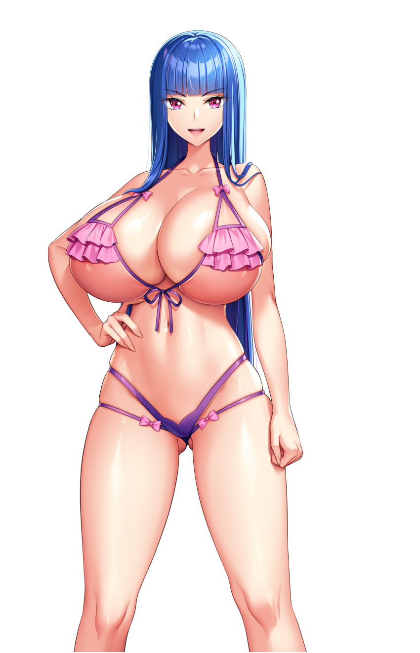 1girl :d absurdres akagi_rio arm_at_side bikini blue_hair blunt_bangs bow breasts brynhildr_valhanna cleavage frilled_bikini frills front-tie_bikini_top front-tie_top game_cg gluteal_fold hand_on_own_hip highres hime_cut huge_breasts long_hair looking_at_viewer micro_bikini milk_factory motto!_haramase!_honoo_no_oppai_isekai_oppai_maid_gakuen! non-web_source official_art open_mouth pink_bikini pink_bow pink_eyes purple_bikini smile solo swimsuit transparent_background