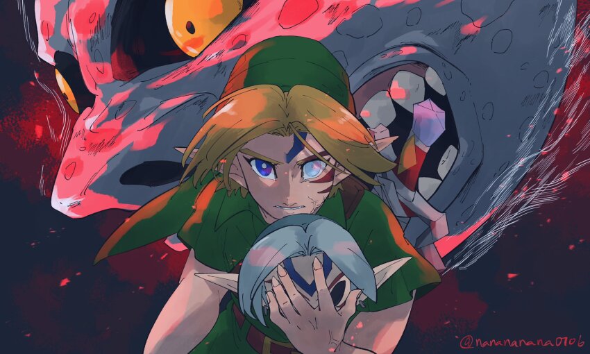 1boy belt black_sclera blonde_hair blue_eyes brown_belt clenched_teeth colored_sclera commentary facial_mark fierce_deity fingernails green_hat green_tunic hat heterochromia highres holding holding_mask link long_pointy_ears looking_at_viewer male_focus mask moon_(zelda) nanananana0706 nintendo open_mouth parted_hair pointy_ears short_sleeves solo teeth the_legend_of_zelda the_legend_of_zelda:_majora&#039;s_mask tunic twitter_username unworn_mask veins white_hair yellow_eyes young_link