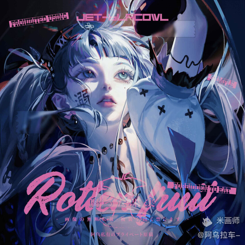 1girl arm_up black_background black_hairband blue_eyes blunt_bangs breasts collarbone colored_eyelashes commission facial_tattoo frilled_sleeves frills grey_hair hairband highres kanji_tattoo large_breasts lipstick long_hair makeup mihuashi_logo mihuashi_username mole mole_under_eye original parted_lips pink_lips puffy_short_sleeves puffy_sleeves realistic sample_watermark shirt short_sleeves simple_background solo tattoo teeth thick_eyebrows twintails upper_body upper_teeth_only watermark white_shirt yi_zhi_er_ding_xin_wu