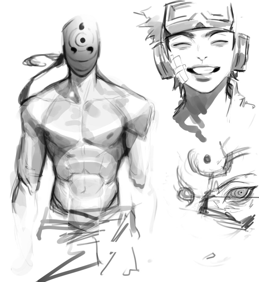 1boy abs closed_eyes goggles grin highres male_focus mask masked_madara muscular muscular_male naruto_(series) naruto_shippuuden nipples pectorals rinnegan sketch smile ssxssss_848 uchiha_obito