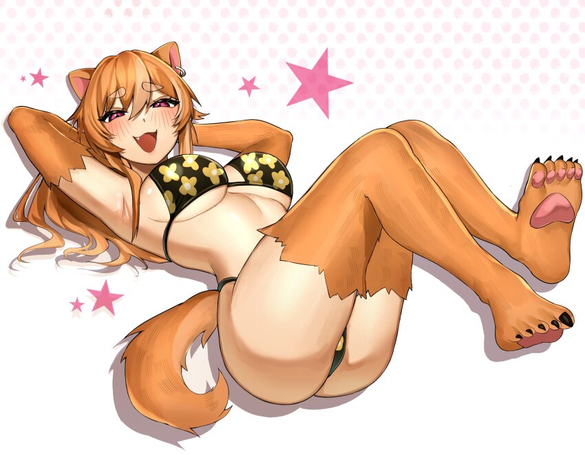 1girl animal_ear_piercing animal_ears animal_feet armpits arms_behind_head ass bikini black_bikini blush breasts bwaithin_(vtuber) commentary commission dog_ears dog_girl dog_tail double-parted_bangs english_commentary fang floral_print floral_print_bikini full_body hair_between_eyes highres indie_virtual_youtuber large_breasts leiden_yaegore long_hair looking_at_viewer open_mouth orange_fur orange_hair pink_eyes print_bikini shiba_inu smile solo star_(symbol) swimsuit tail virtual_youtuber white_background