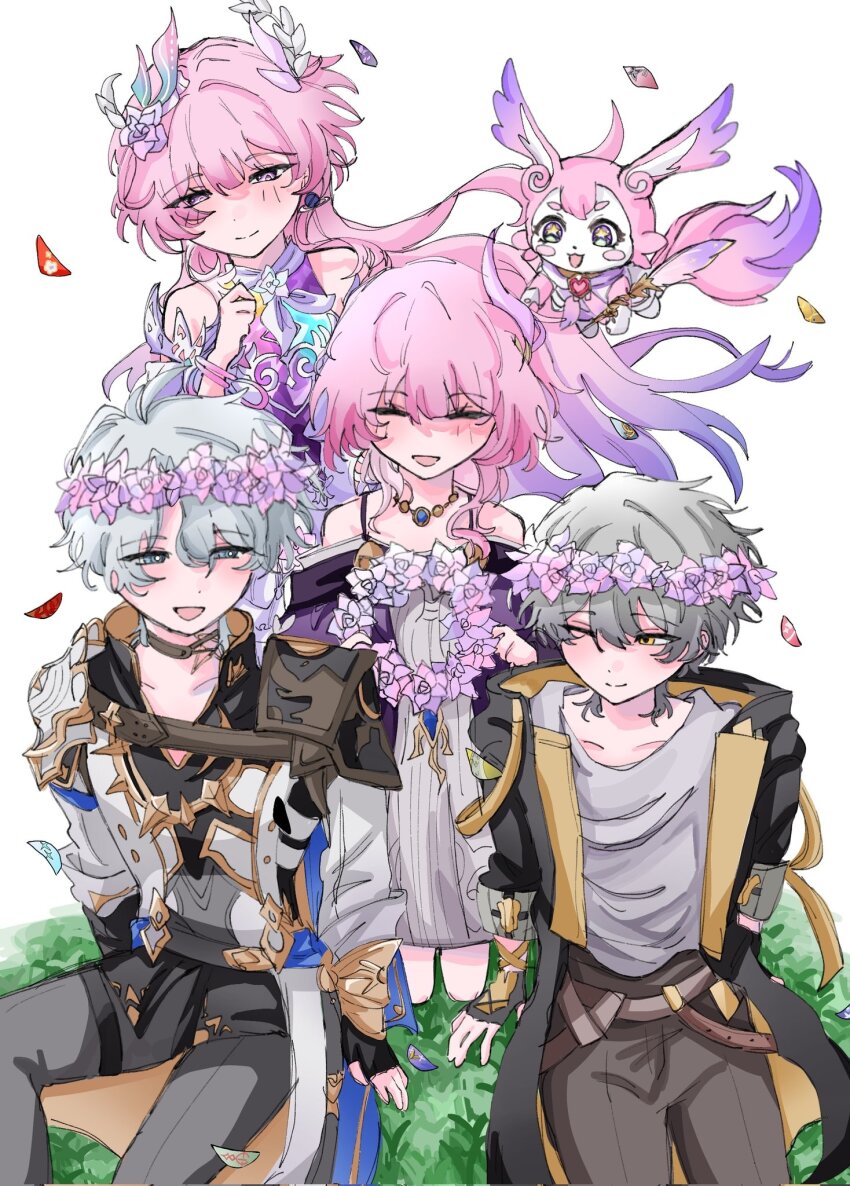 2boys 2girls black_coat black_pants blue_eyes caelus_(honkai:_star_rail) coat commentary corrupted_twitter_file cyrene_(aedes_elysiae)_(honkai:_star_rail) cyrene_(honkai:_star_rail) cyrene_(ripples_of_past_reverie)_(honkai:_star_rail) dress dual_persona grey_hair grey_shirt head_wreath highres holding_head_wreath honkai:_star_rail honkai_(series) long_hair mem_(honkai:_star_rail) multiple_boys multiple_girls pants phainon_(honkai:_star_rail) pink_hair purple_coat purple_eyes shirt simple_background smile sora418354 symbol-only_commentary trailblazer_(honkai:_star_rail) very_long_hair white_background white_coat white_dress white_hair yellow_eyes
