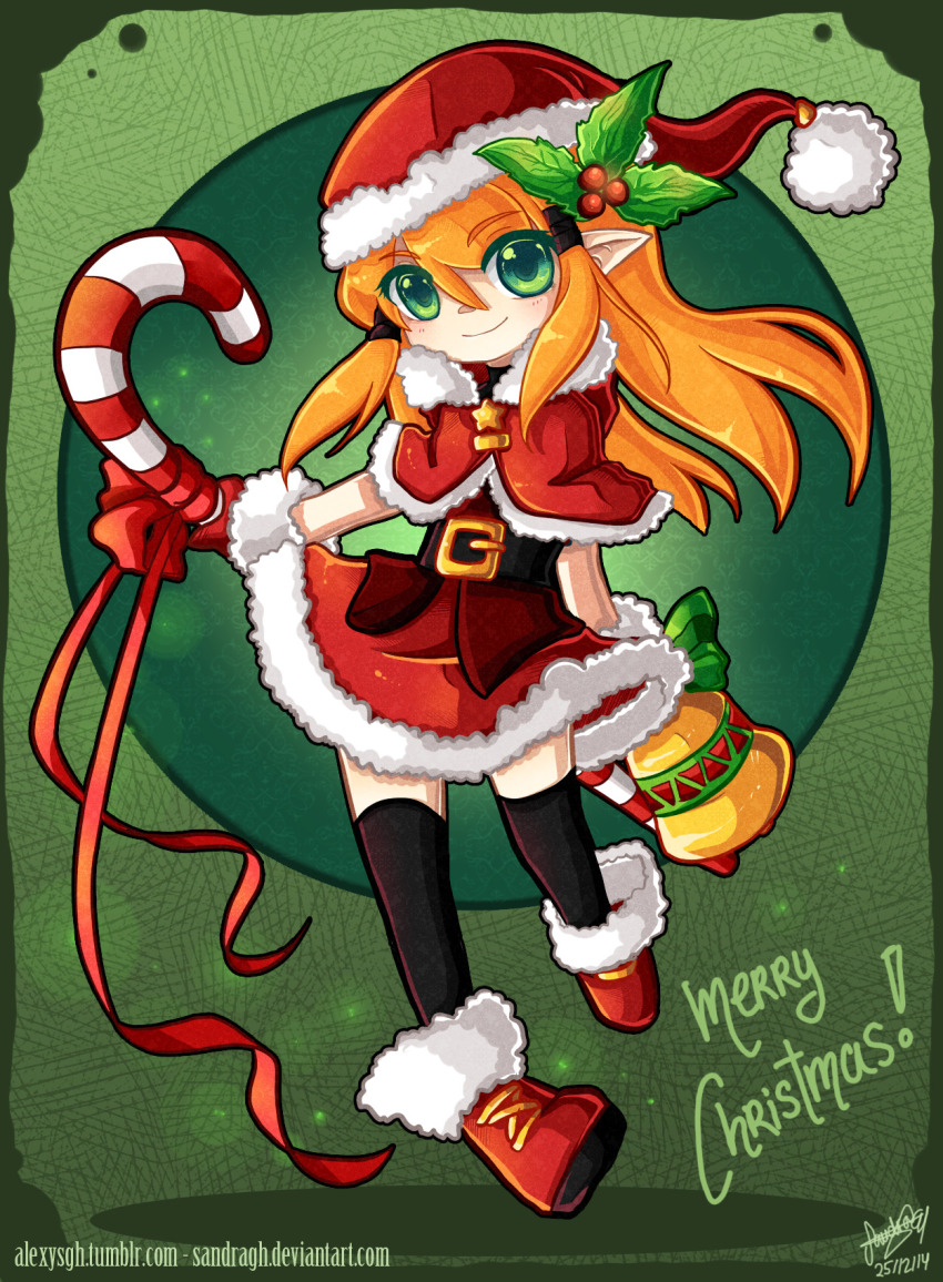 1girl bell belt_buckle black_thighhighs boots buckle candy candy_cane capelet christmas commentary dated deviantart_username dress english_commentary food full_body fur-trimmed_capelet fur-trimmed_dress fur-trimmed_headwear fur_trim green_background green_eyes hat highres holly long_hair looking_at_viewer merry_christmas orange_hair original red_capelet red_ribbon ribbon sandragh santa_boots santa_costume santa_dress santa_hat signature solo star_button thighhighs