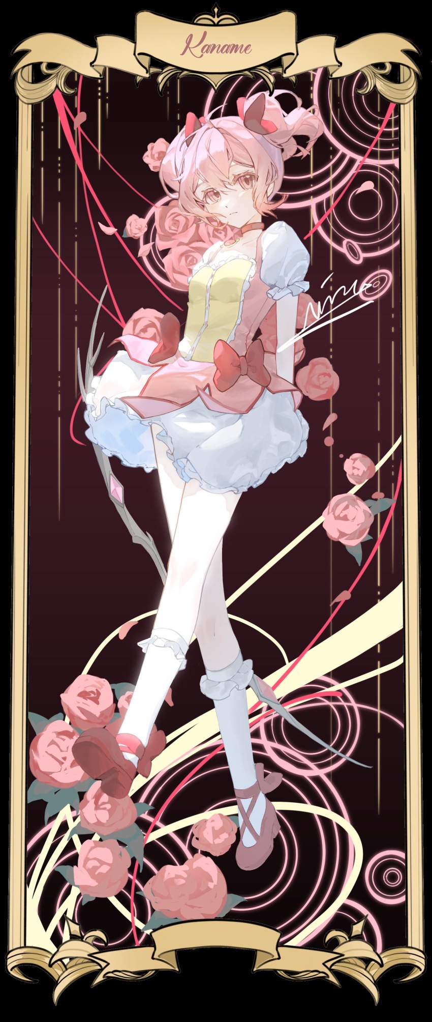 1girl absurdres arms_behind_back blush closed_mouth dress hair_between_eyes highres kaname_madoka kaname_madoka_(magical_girl) kneehighs looking_at_viewer mahou_shoujo_madoka_magica mahou_shoujo_madoka_magica_(anime) nieo_(kxas4325) petticoat pink_dress pink_eyes pink_hair pink_shoes shoes short_hair short_sleeves short_twintails socks solo twintails white_socks